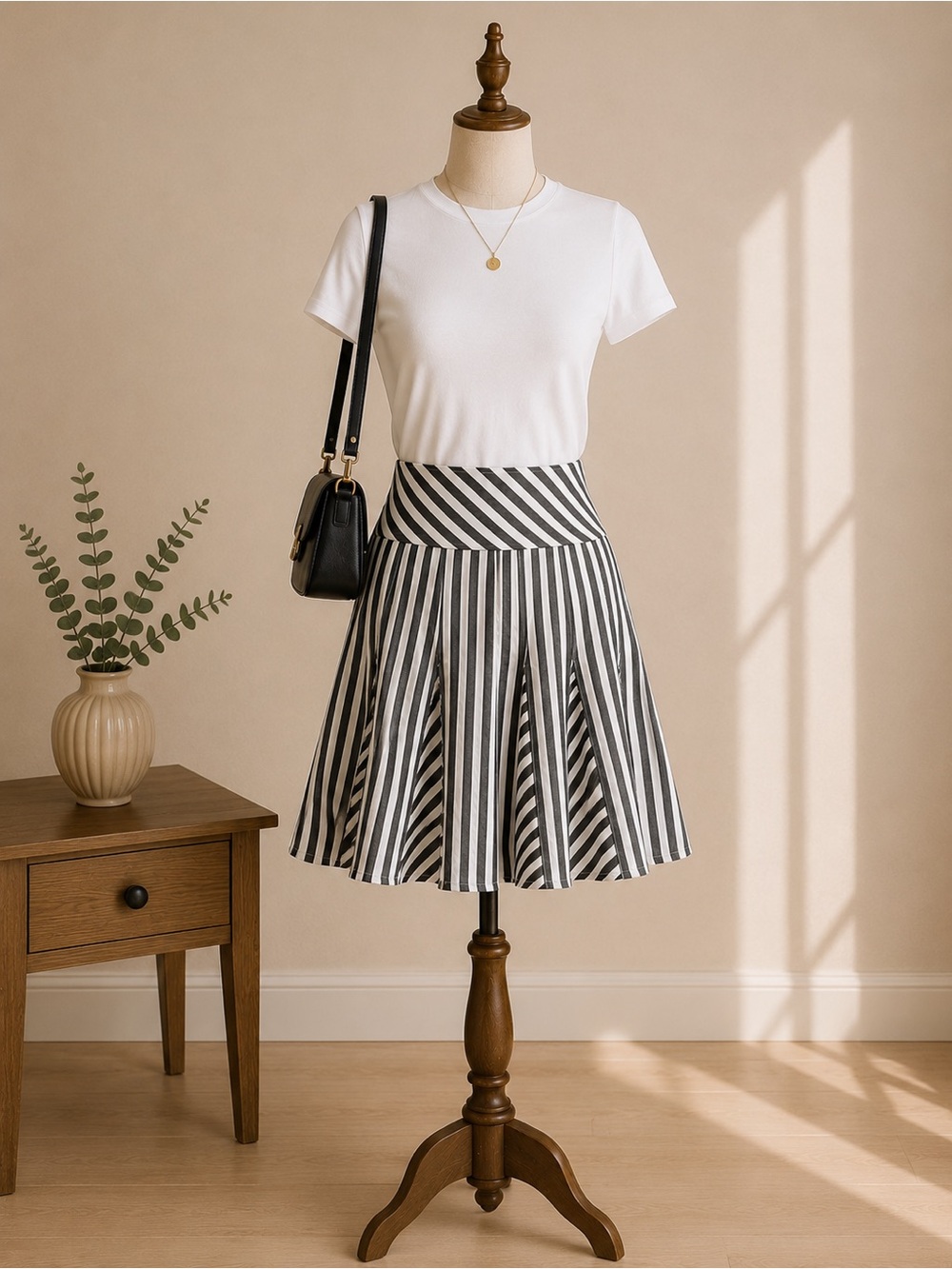 RW&CO Black White Striped Pleated A-Line Skirt Women's Size 2 Cotton Fit & Flare